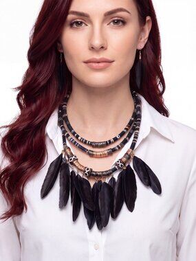 Black Tribal Feather Necklace and Earrings Set